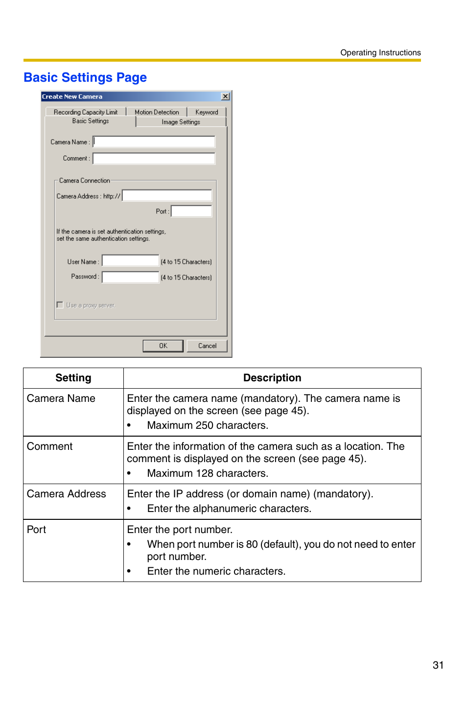 E 31), Basic settings page | Panasonic BB-HNP11A User Manual | Page 31 / 100