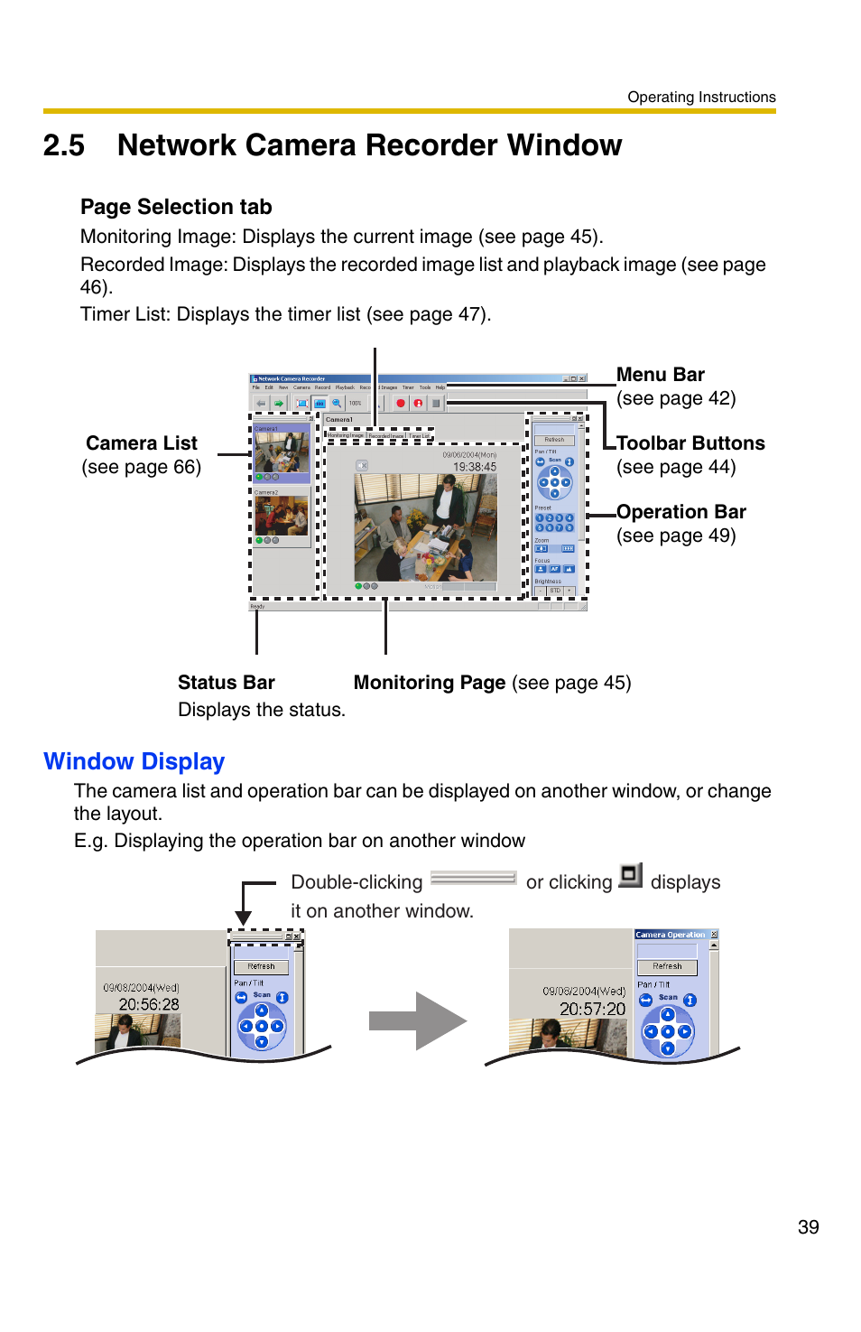 5 network camera recorder window, 39 to pag, Window display | Panasonic BB-HNP11A User Manual | Page 39 / 100