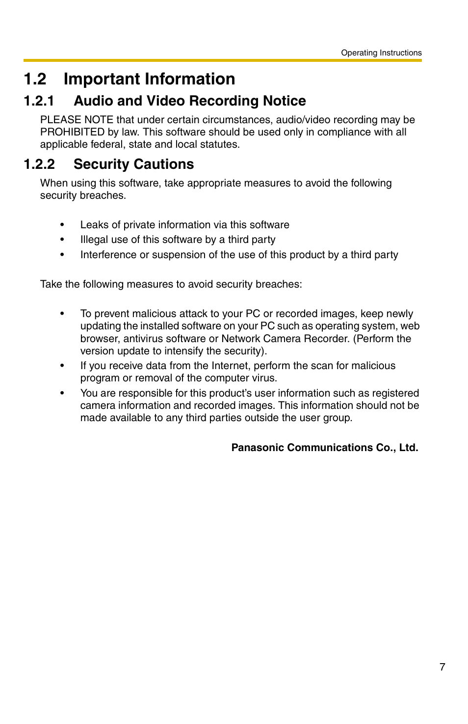 2 important information, 1 audio and video recording notice, 2 security cautions | Panasonic BB-HNP11A User Manual | Page 7 / 100