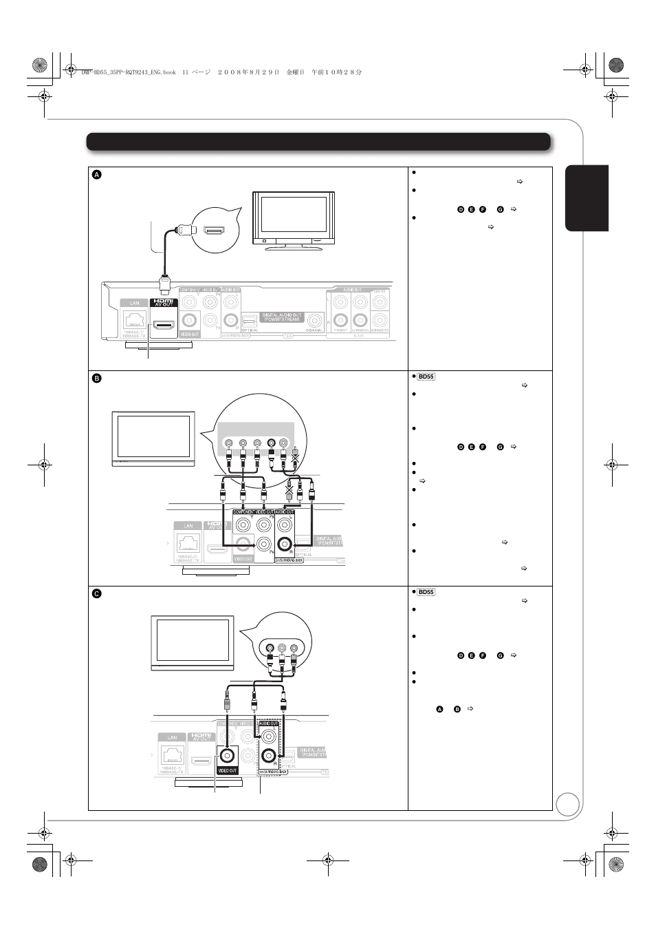 Connecting to a television, Aconnecting to your tv, via hdmi av out, Bconnecting to your tv, via component video out | Cconnecting to your tv, via video out | Panasonic DMP-BD55 User Manual | Page 11 / 48