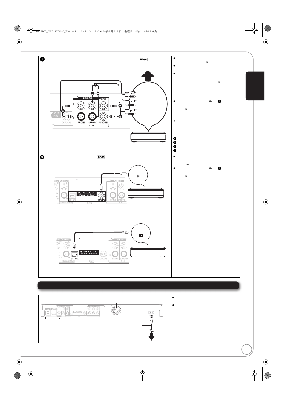 Ac power connection, Fconnecting to 5.1ch audio out terminal, Ginstallation using coaxial | Optical digital audio connection | Panasonic DMP-BD55 User Manual | Page 13 / 48