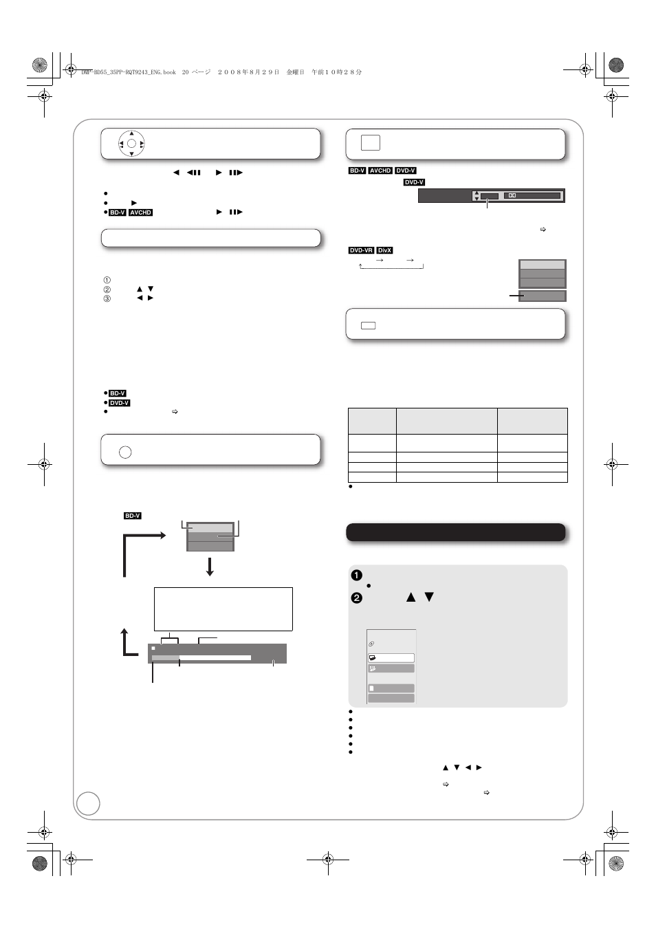 Basic play (playing video contents), Showing functions menu, 1press [functions | 2press [ 3 , 4 ] to select the item and press [ok, Frame-by-frame, Screen aspect, Status messages, Changing audio during play, Reproducing more natural audio | Panasonic DMP-BD55 User Manual | Page 20 / 48