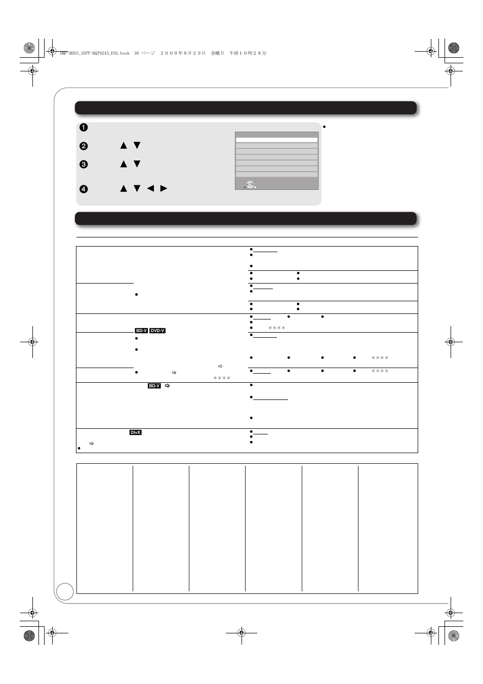 Changing the unit’s settings, Setup menu operations summary of settings, Disc | Panasonic DMP-BD55 User Manual | Page 30 / 48