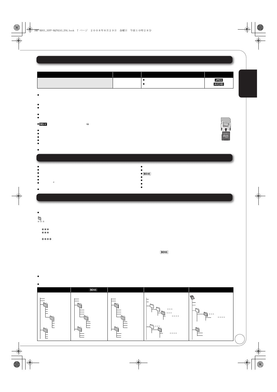 Sd cards, Discs that cannot be played in this unit, Structure of mp3 folders in cd-r/cd-rw | Structures of still picture (jpeg) folders | Panasonic DMP-BD55 User Manual | Page 7 / 48