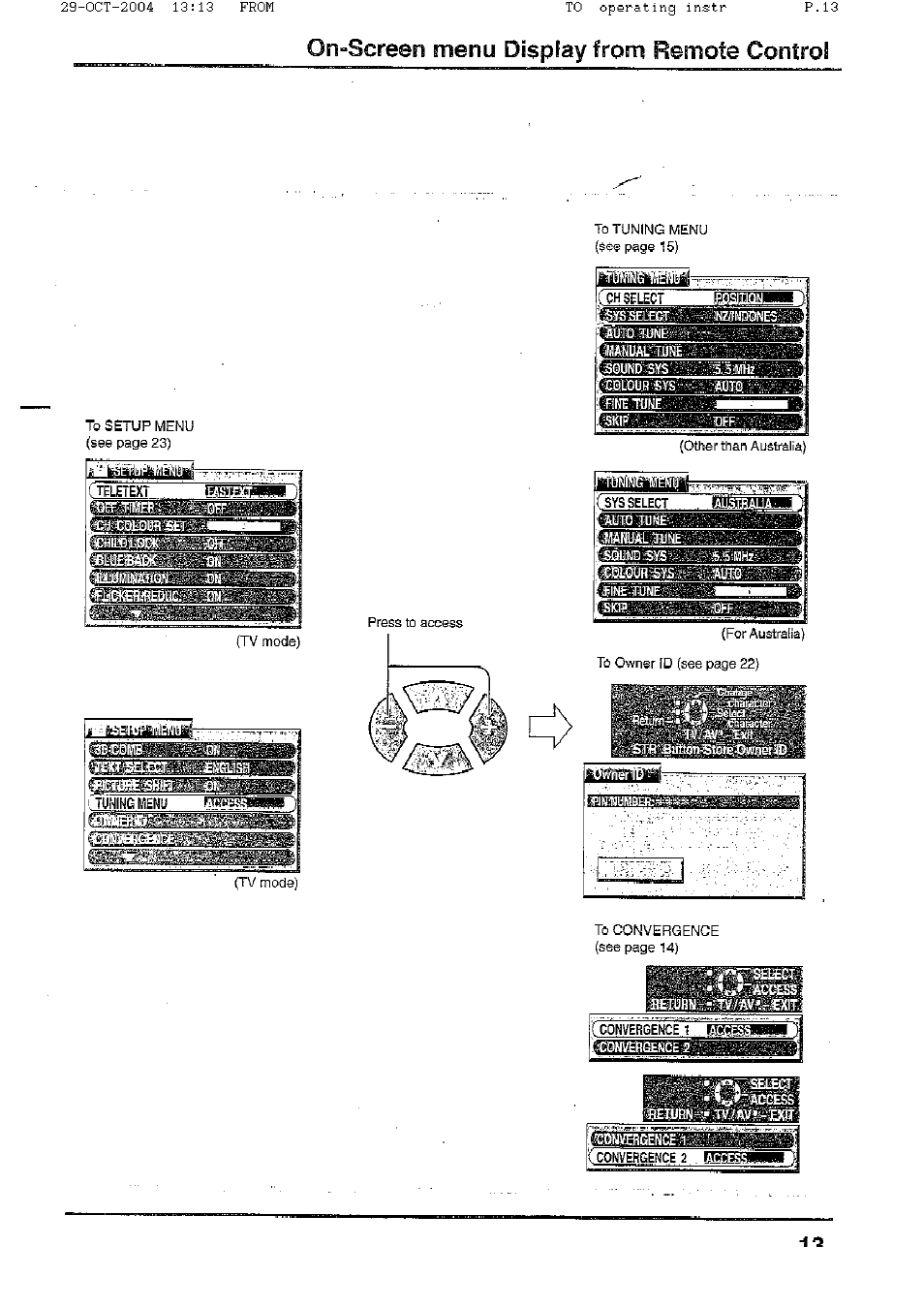 On-screen menu display from remote control | Panasonic TX-56P800H User Manual | Page 13 / 36