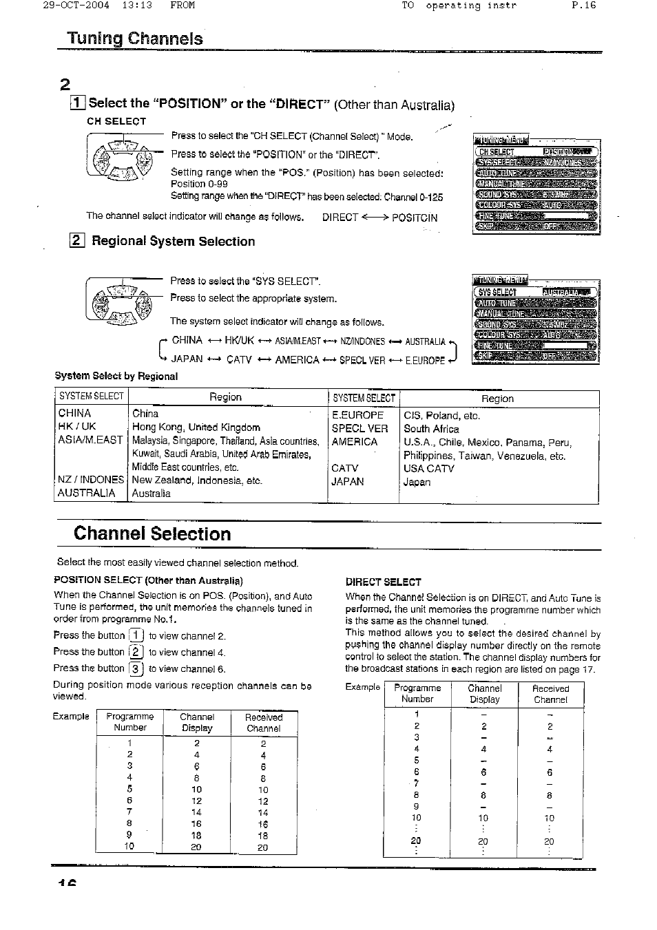 Tuning channels, 2j regional system selection, Channel selection | Panasonic TX-56P800H User Manual | Page 16 / 36