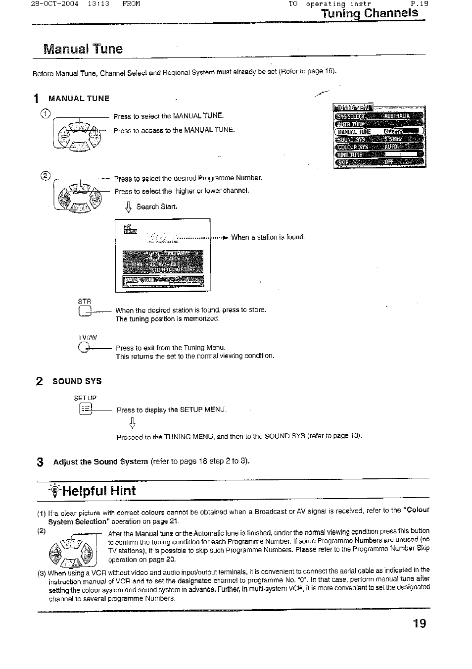 Tuning channels, Tuning channels manual tune, Helpful hint | Panasonic TX-56P800H User Manual | Page 19 / 36