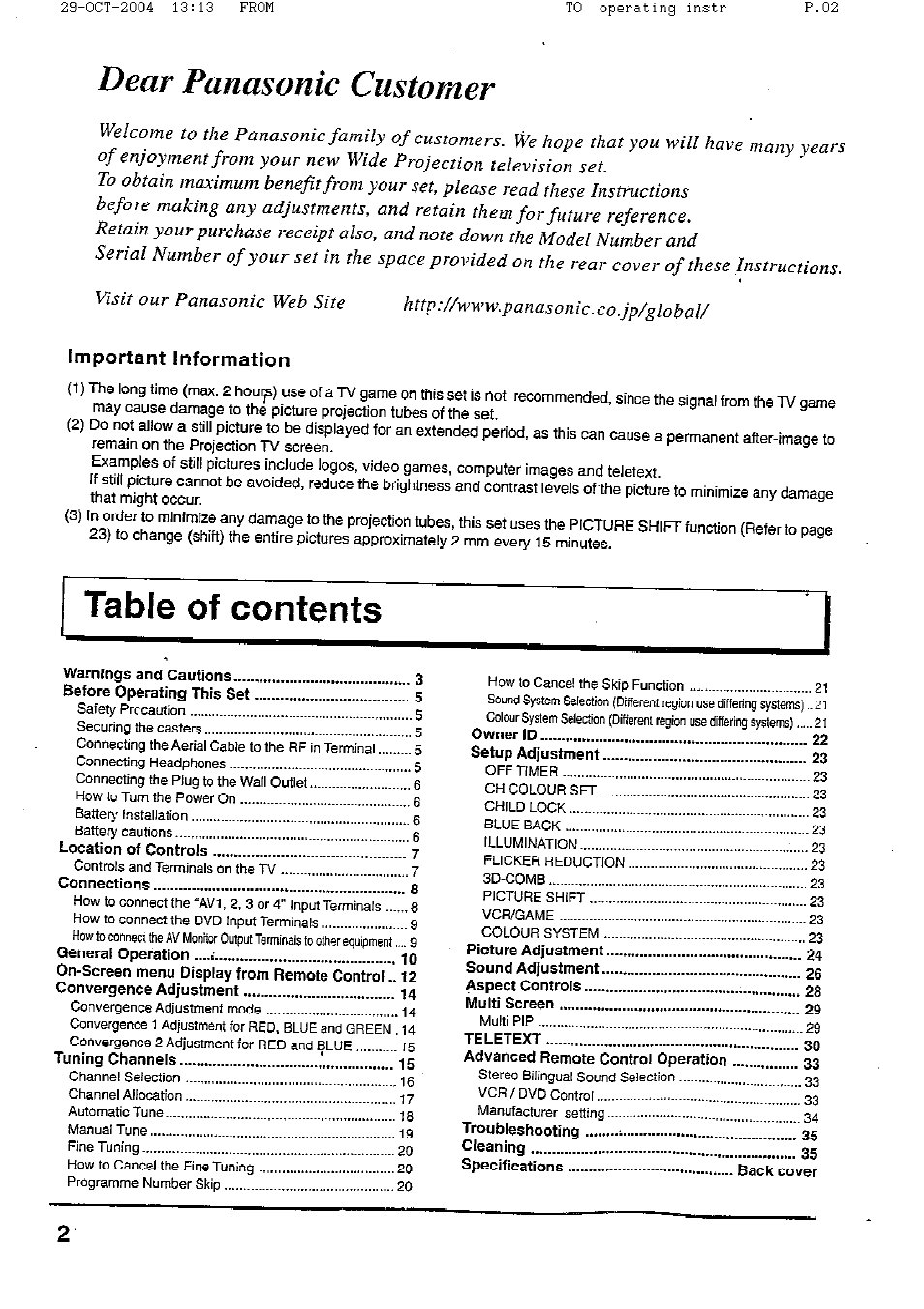 Dear panasonic customer | Panasonic TX-56P800H User Manual | Page 2 / 36