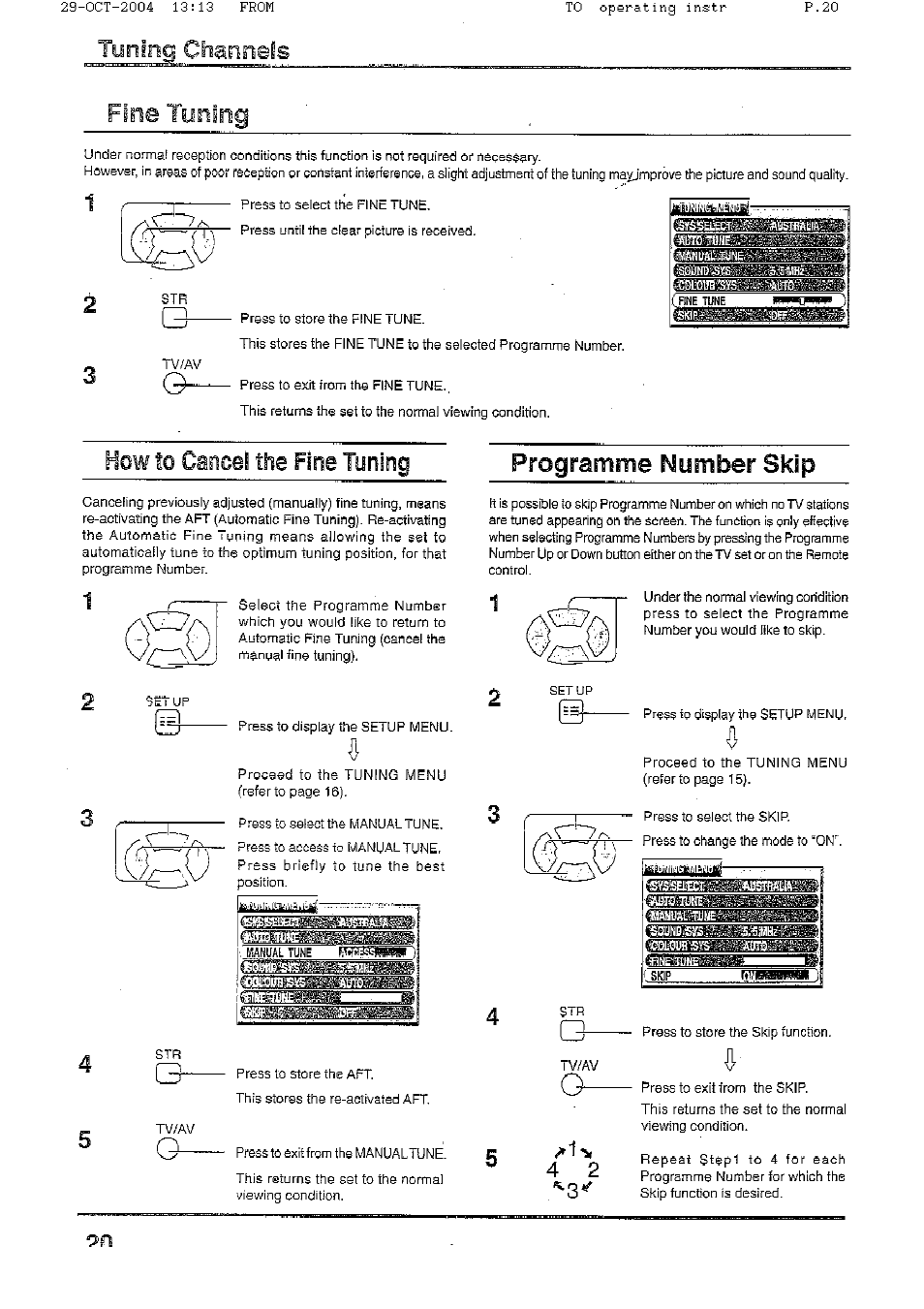 Programme number skip, How to cancel the fine tuning | Panasonic TX-56P800H User Manual | Page 20 / 36