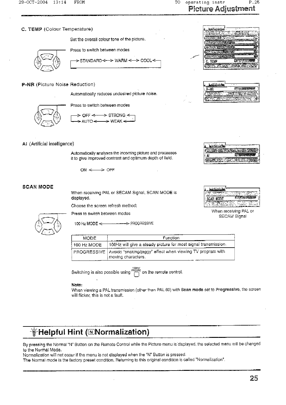 Helpful hint (isnormaiization), Picture, Tern | Mode | Panasonic TX-56P800H User Manual | Page 25 / 36