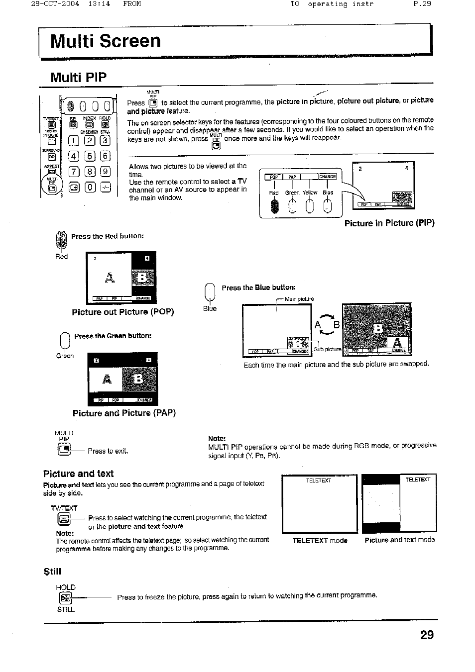 Multi pip, Picture and text, Still | Panasonic TX-56P800H User Manual | Page 29 / 36