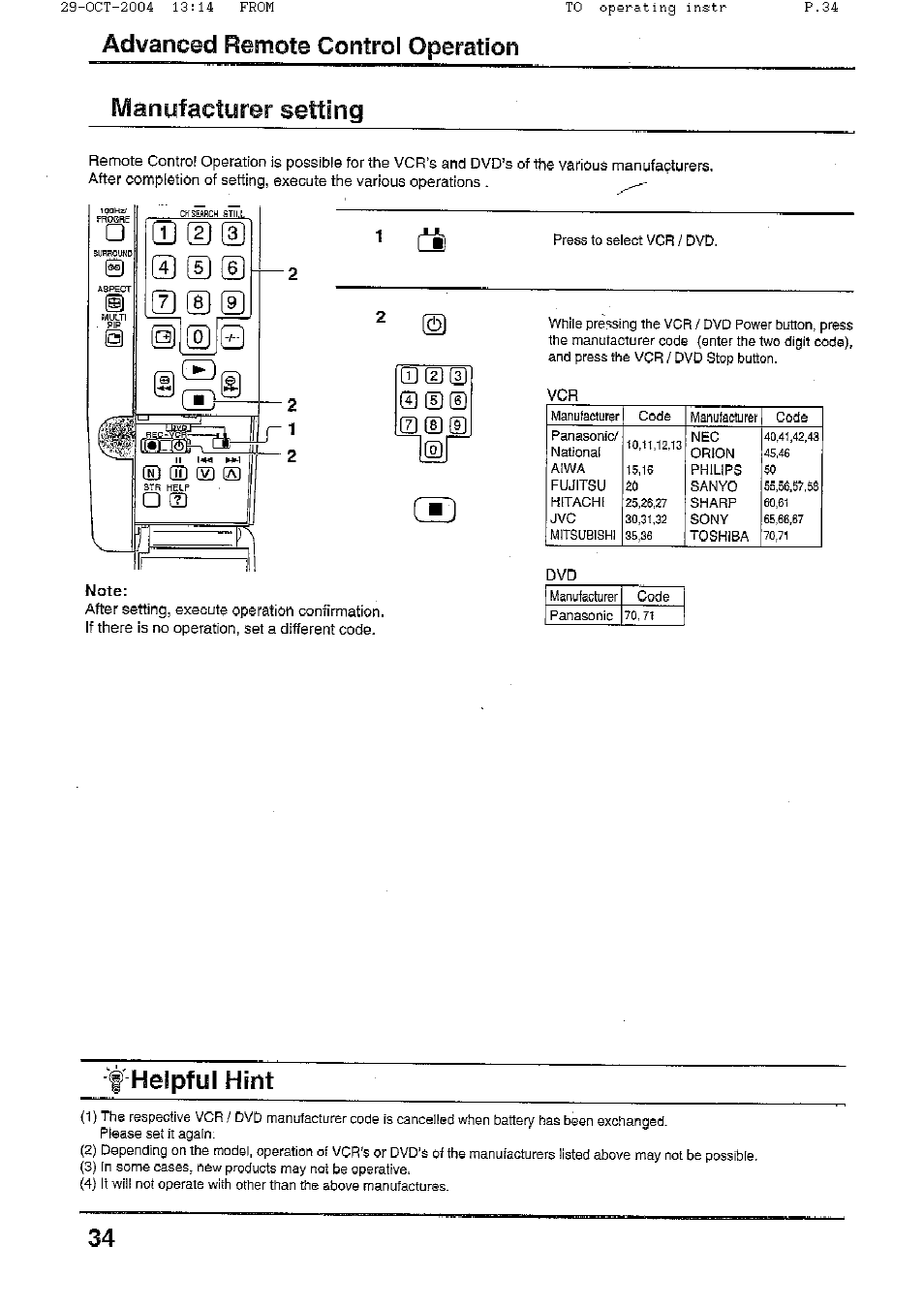 Advanced remote control operation, Manufacturer setting, Helpful hint | Cd © è, 0(i](d, Cd © ® 0, A (d (3 cz) | Panasonic TX-56P800H User Manual | Page 34 / 36