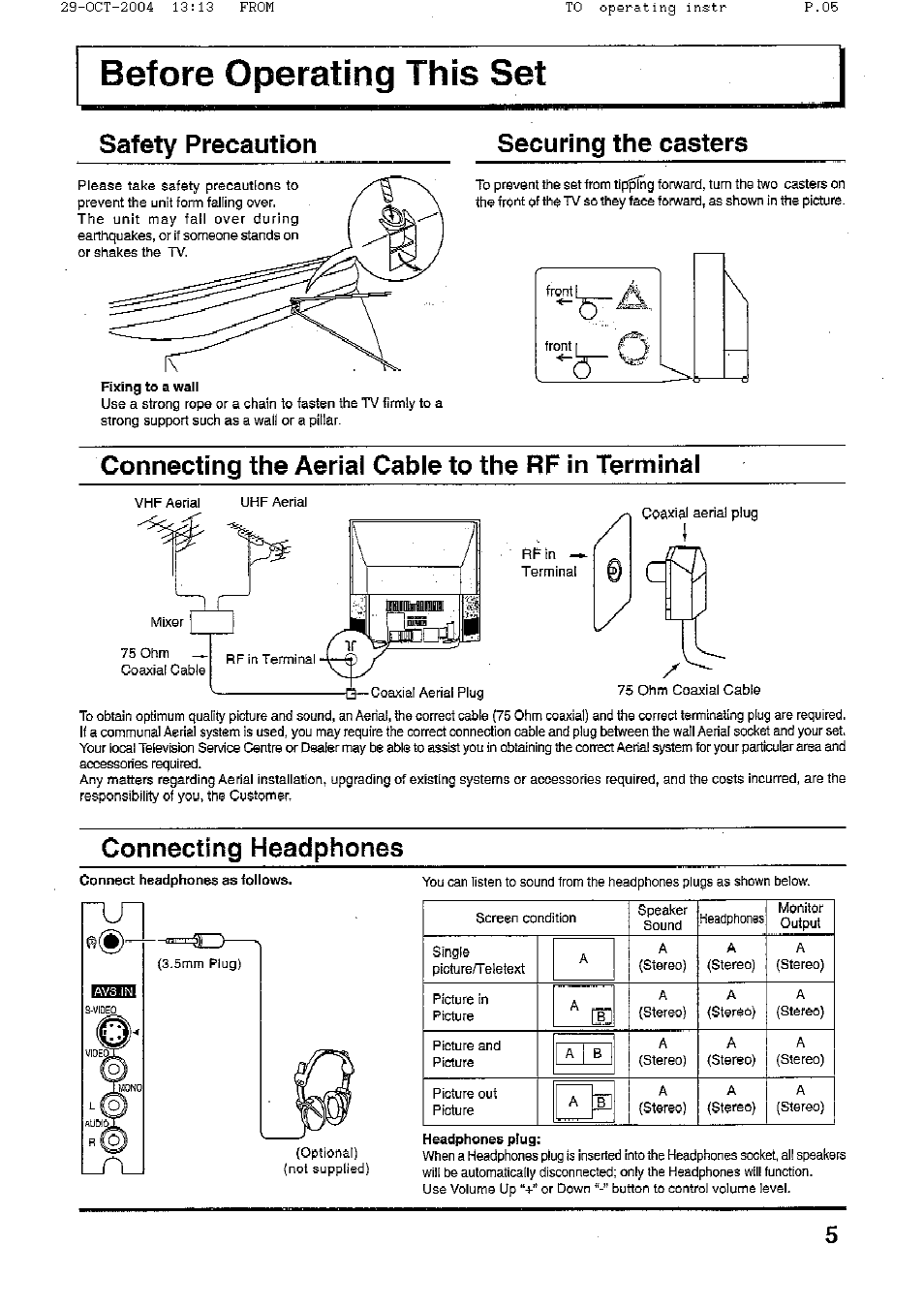 Safety precaution, Securing the casters, Connecting the aerial cable to the rf in terminal | Connecting headphones, Safety precaution securing the casters | Panasonic TX-56P800H User Manual | Page 5 / 36