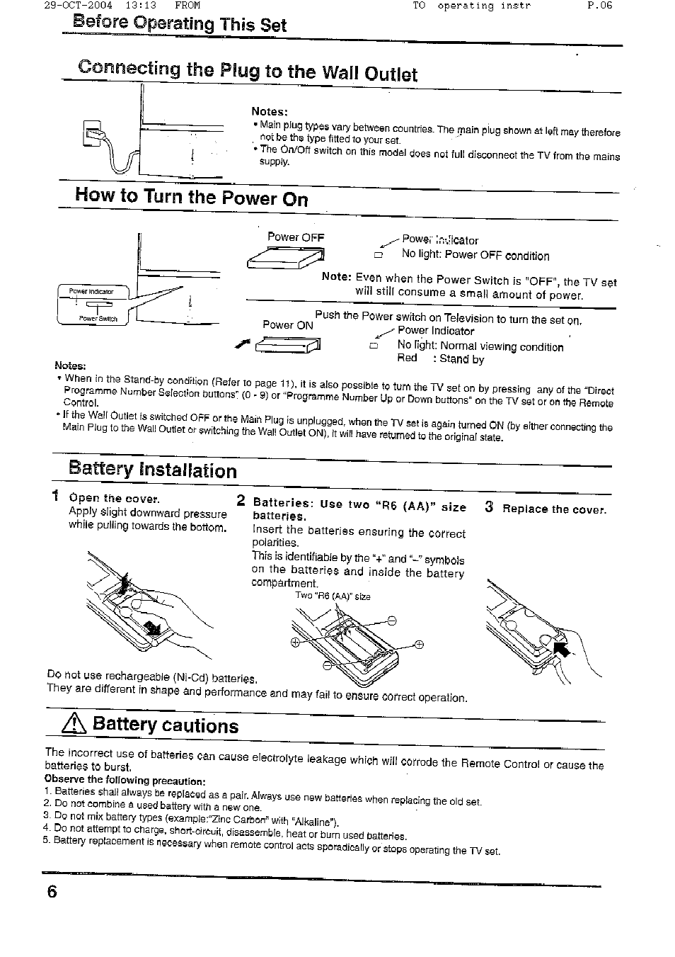 How to turn the power on, Battery installation, A battery cautions | Battery' installation battery cautions, Connecting the piug, Before operating this set | Panasonic TX-56P800H User Manual | Page 6 / 36