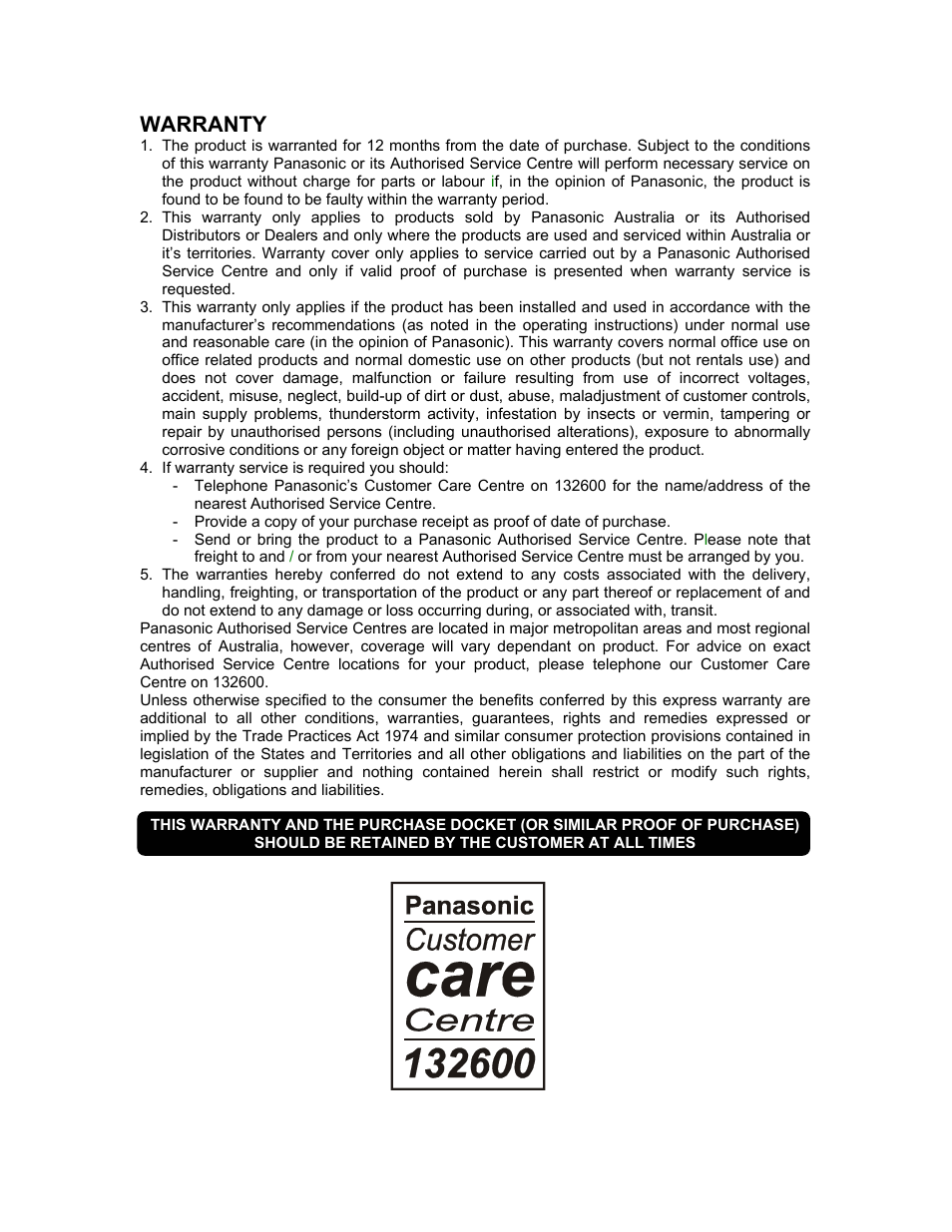 Warrant | Panasonic TU-HDT105A User Manual | Page 32 / 32