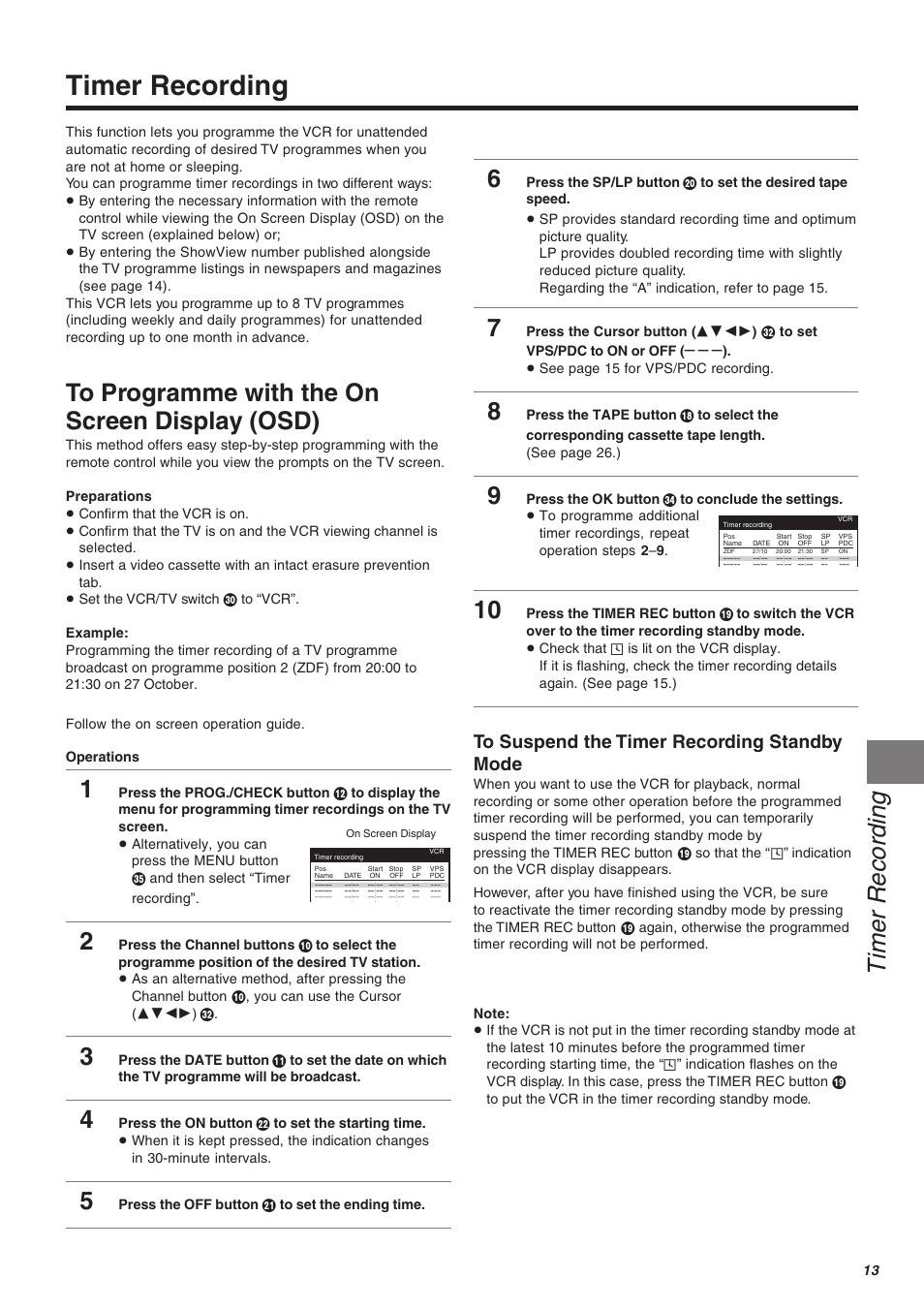 Timer recording, Press the off button e to set the ending time, See page 15 for vps/pdc recording | Panasonic NV-FJ610 User Manual | Page 13 / 34