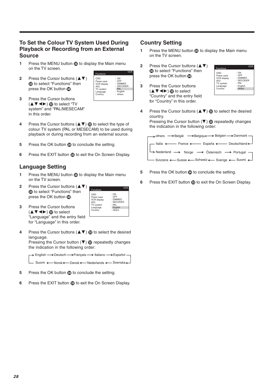 Language setting, Country setting | Panasonic NV-FJ610 User Manual | Page 28 / 34