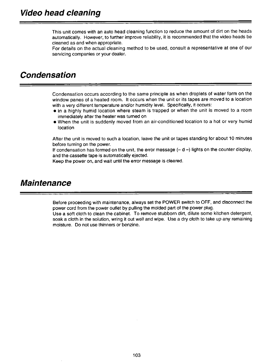 Video head cleaning, Condensation, Maintenance | Panasonic AG-DTL1P User Manual | Page 103 / 106