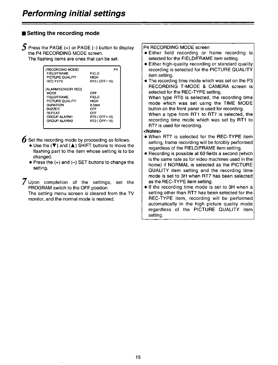 Performing initial settings, Setting the recording mode | Panasonic AG-DTL1P User Manual | Page 15 / 106