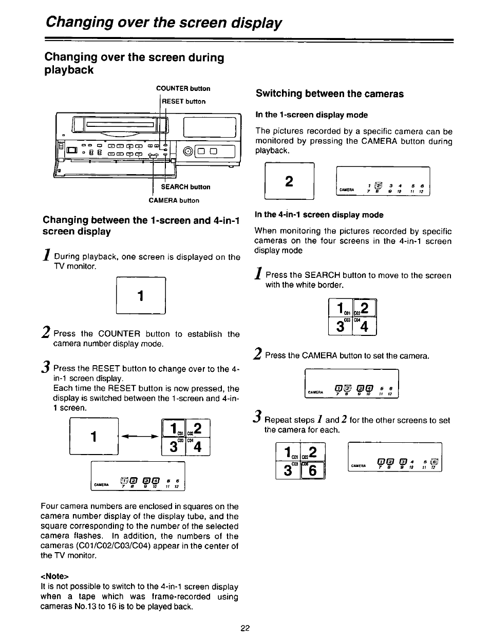 Changing over the screen during playback, Note, In the 1-screen display mode | In the 4-in-1 screen display mode, 0© © -* s, Changing over the screen display, Switching between the cameras, Ilw^i | Panasonic AG-DTL1P User Manual | Page 22 / 106