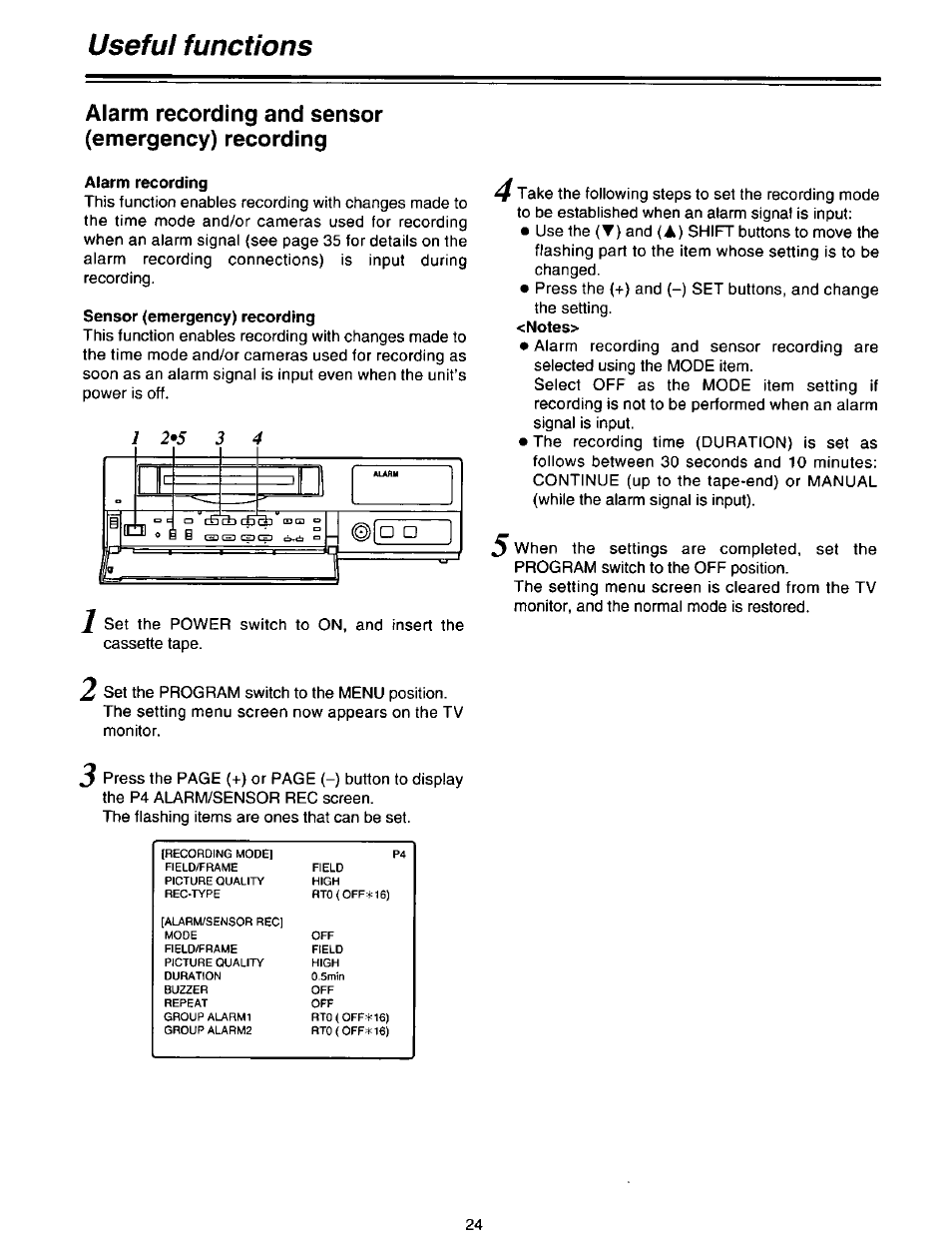 Alarm recording and sensor (emergency) recording, Alarm recording, Sensor (emergency) recording | Useful functions | Panasonic AG-DTL1P User Manual | Page 24 / 106