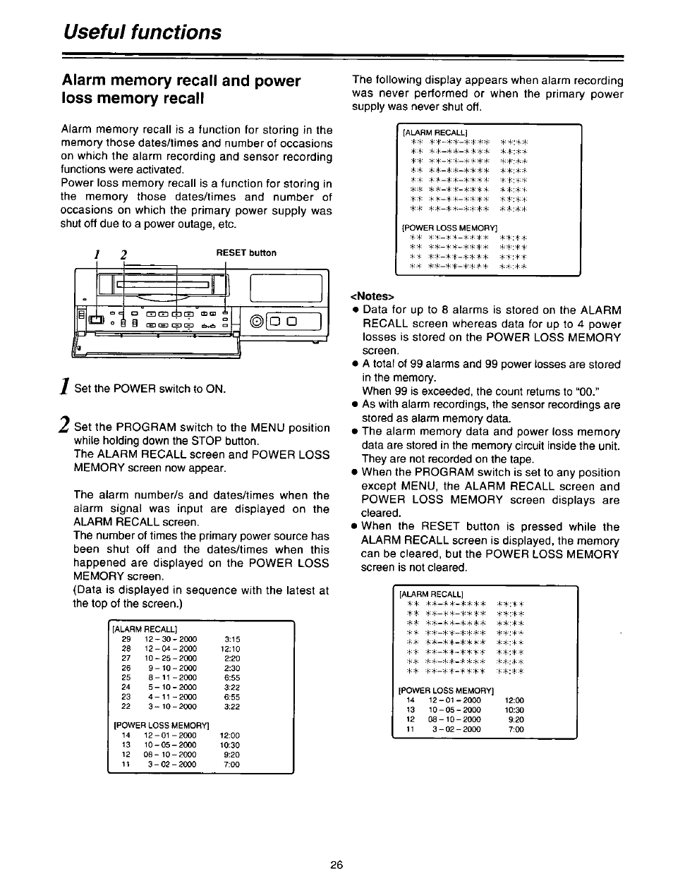 Alarm memory recall and power loss memory recall, Notes, Useful functions | Panasonic AG-DTL1P User Manual | Page 26 / 106