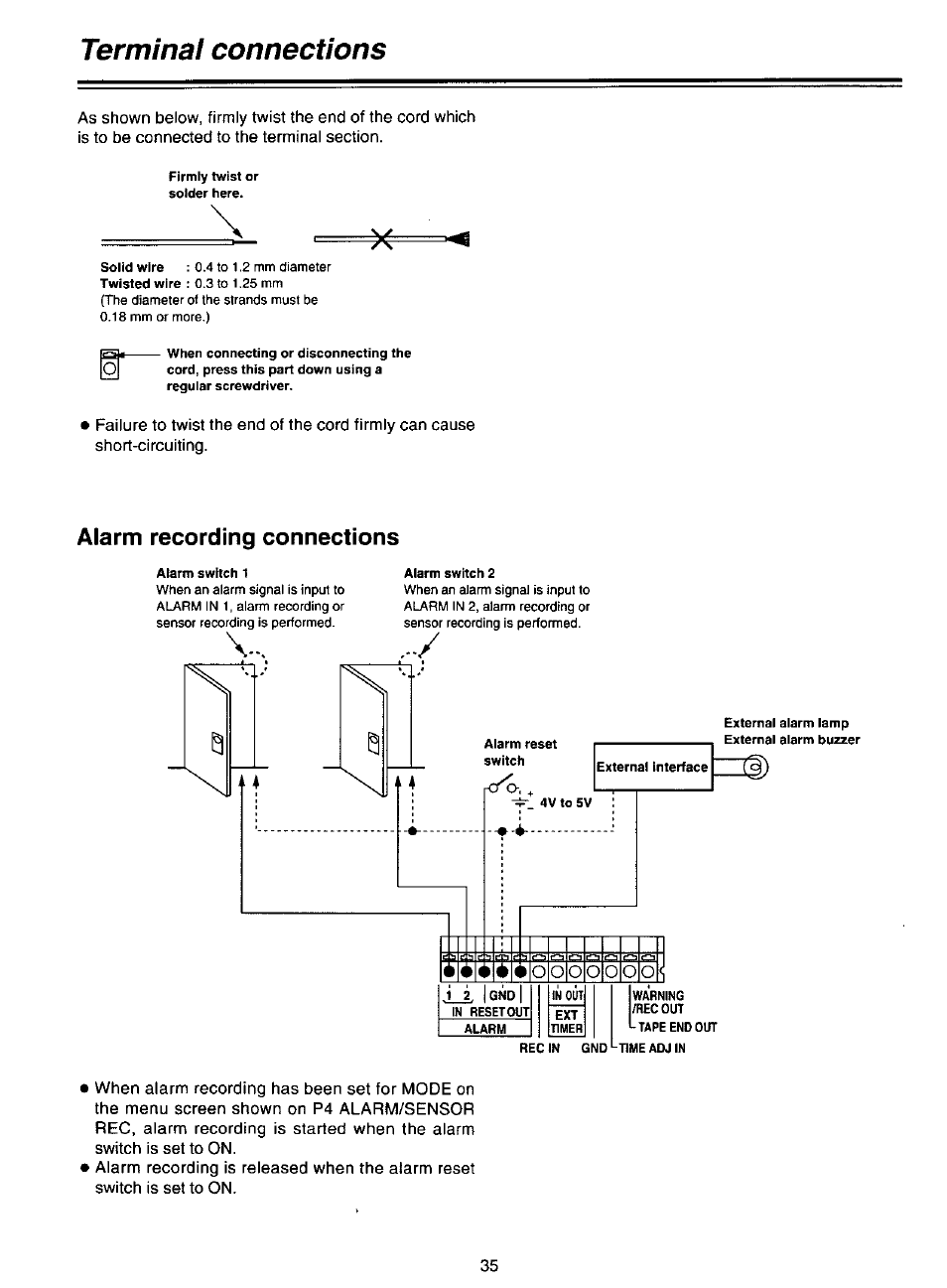 Alarm recording connections, Terminal connections | Panasonic AG-DTL1P User Manual | Page 35 / 106
