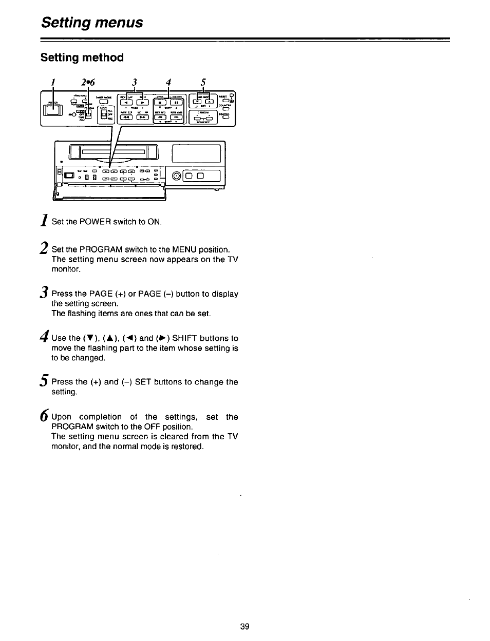 Setting method, Setting menus | Panasonic AG-DTL1P User Manual | Page 39 / 106