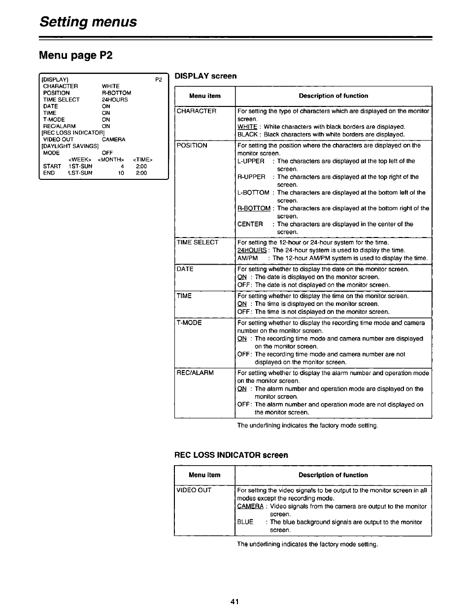 Display screen, Rec loss indicator screen, Display screen reg loss indicator screen | Setting menus, Menu page p2 | Panasonic AG-DTL1P User Manual | Page 41 / 106