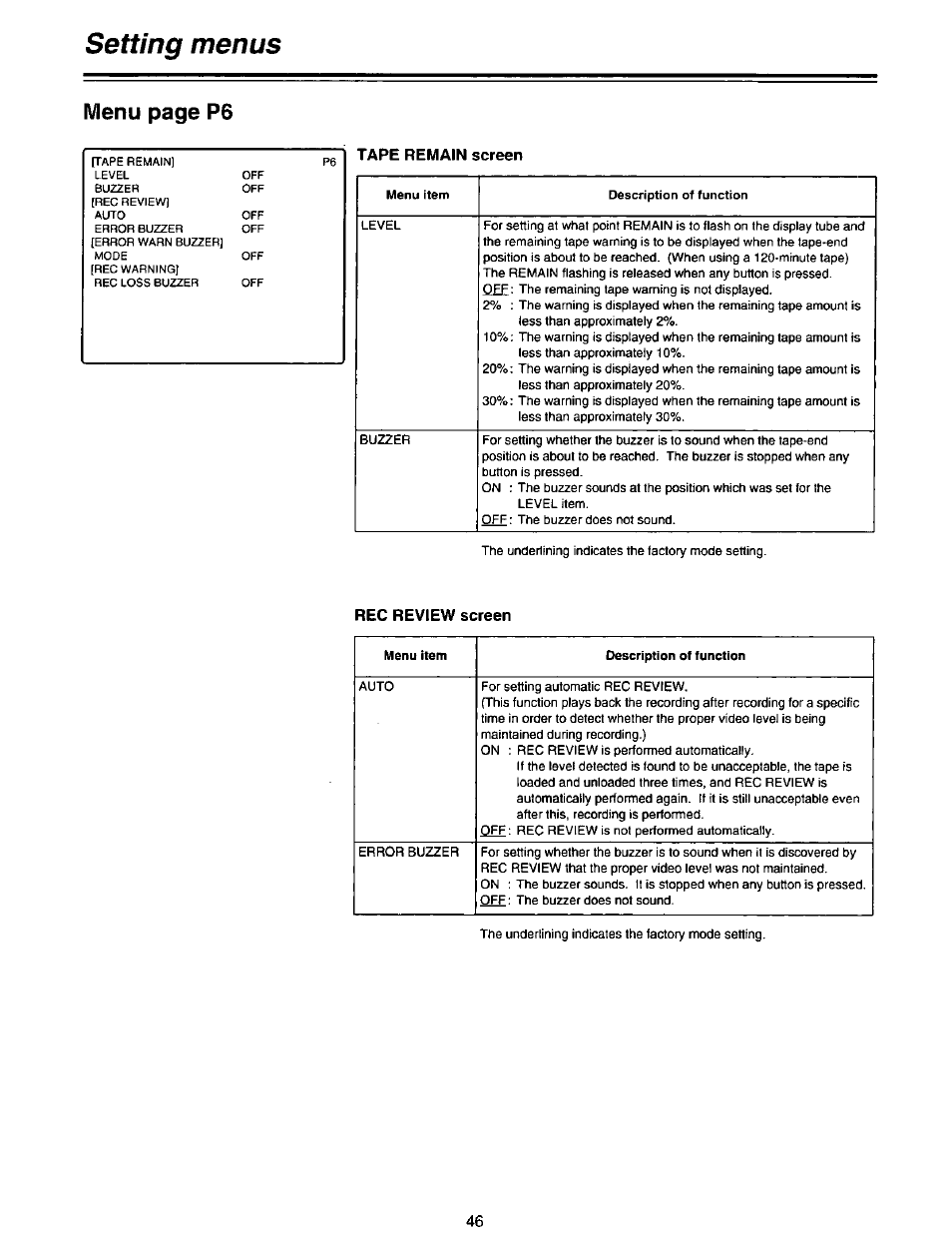 Tape remain screen, Rec review screen, Setting menus | Menu page p6 | Panasonic AG-DTL1P User Manual | Page 46 / 106