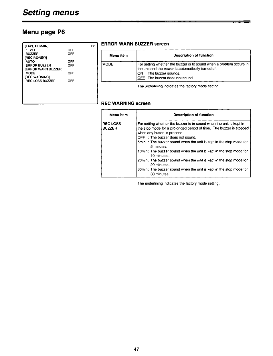 Error warn buzzer screen, Rec warning screen, Error warn buzzer screen rec warning screen | Setting menus, Menu page p6 | Panasonic AG-DTL1P User Manual | Page 47 / 106
