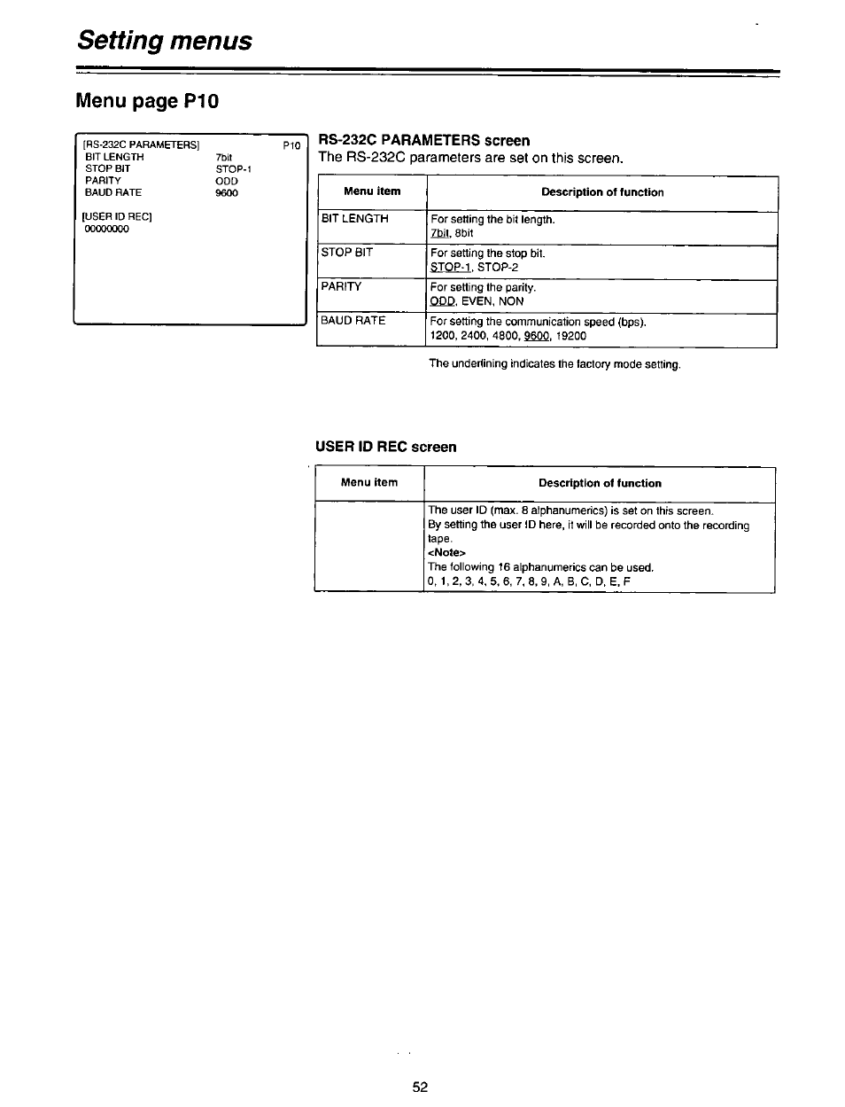 Rs-232c parameters screen, User id rec screen, Rs-232c parameters screen user id rec screen | Setting menus, Menu page p10 | Panasonic AG-DTL1P User Manual | Page 52 / 106