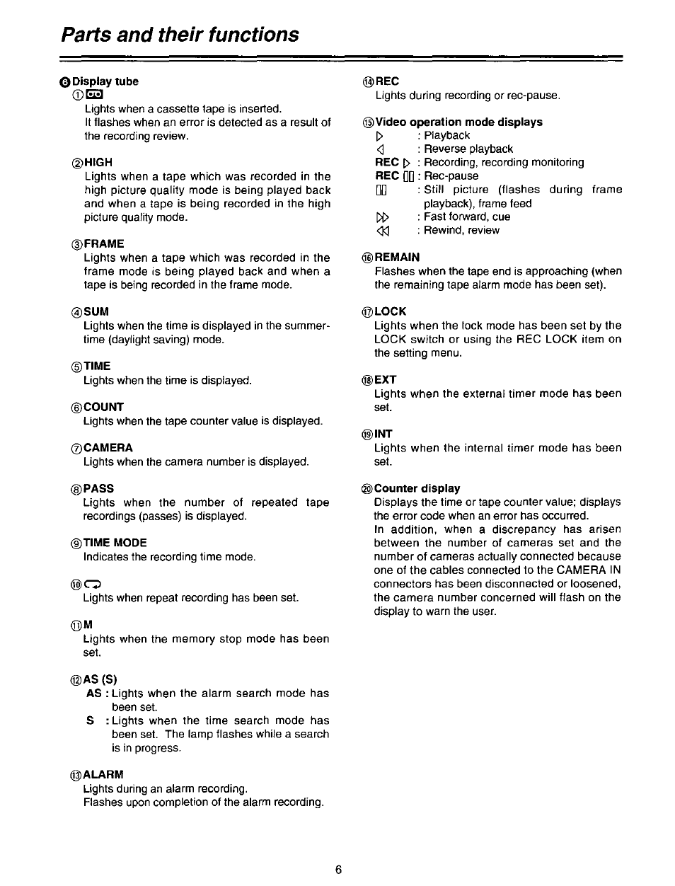 O display tube, High, Frame | Time, Count, Time mode, Video operation mode displays, Remain, Lock, Counter display | Panasonic AG-DTL1P User Manual | Page 6 / 106