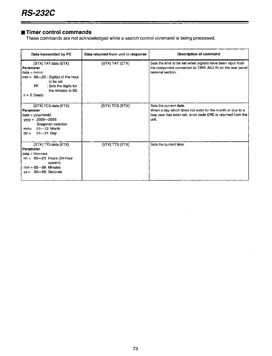Rs-232c, I timer control commands | Panasonic AG-DTL1P User Manual | Page 73 / 106