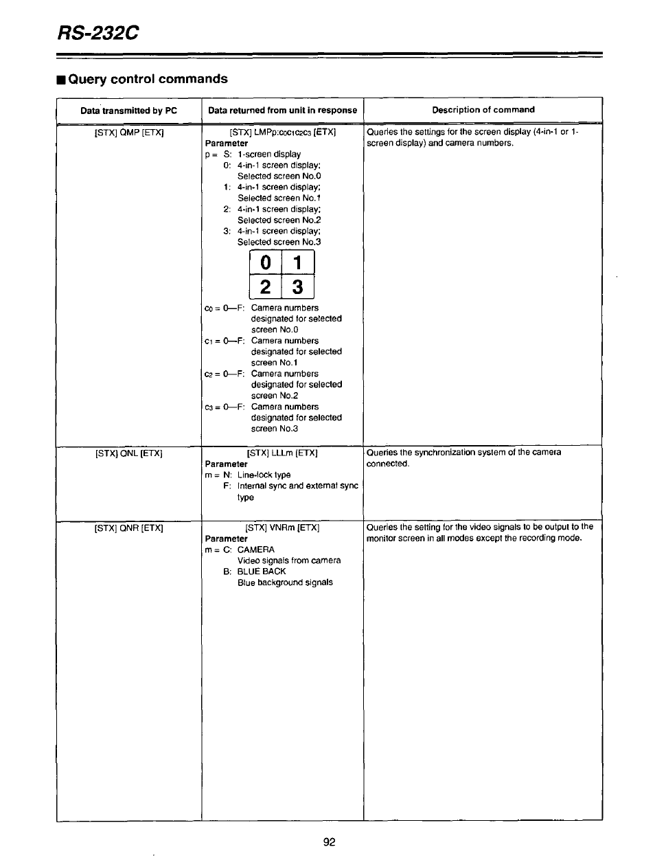 Rs-232c, Query control commands | Panasonic AG-DTL1P User Manual | Page 92 / 106