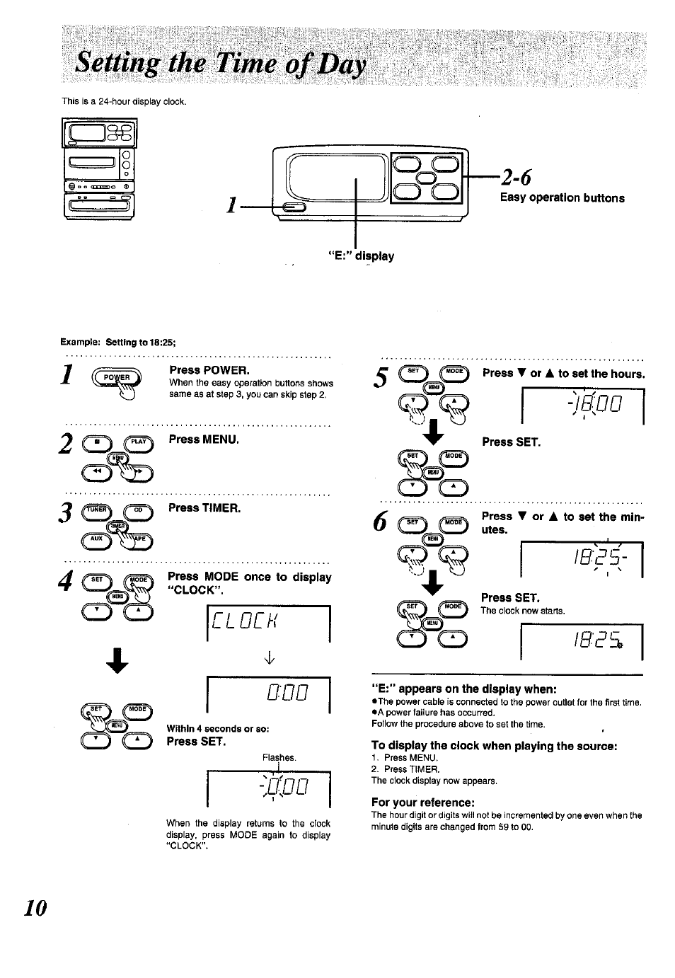 Press power, 2 press menu, Press timer | Press mode once to display, Ll och, Press t or ▲ to set the hours, Ib-oo, Press set, Press ▼ or a to set the minutes, E:” appears on the display when | Panasonic SC-CH150 User Manual | Page 10 / 48