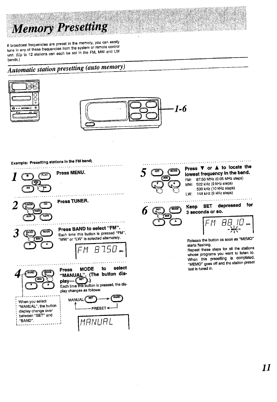 Automatic station presetting (auto memory), Press tuner, Mrnurl | Keep set depressed 3 seconds or so, Fm bb. id | Panasonic SC-CH150 User Manual | Page 11 / 48