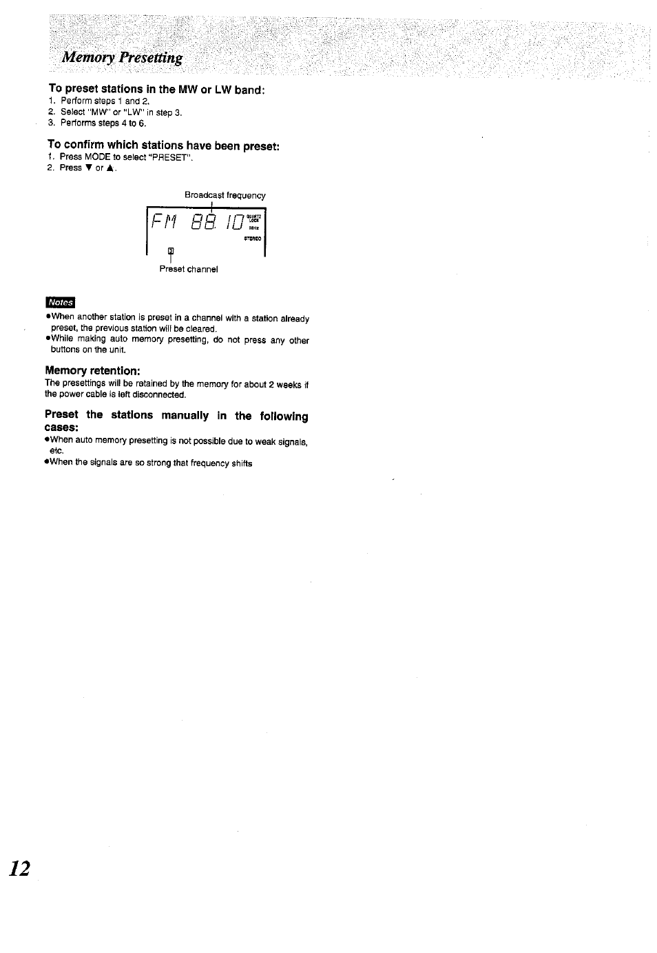 To preset stations in the mw or lw band, To confirm which stations have been preset, Fm bb. ib | Memory retention, Preset the stations manually in the following, Cases | Panasonic SC-CH150 User Manual | Page 12 / 48