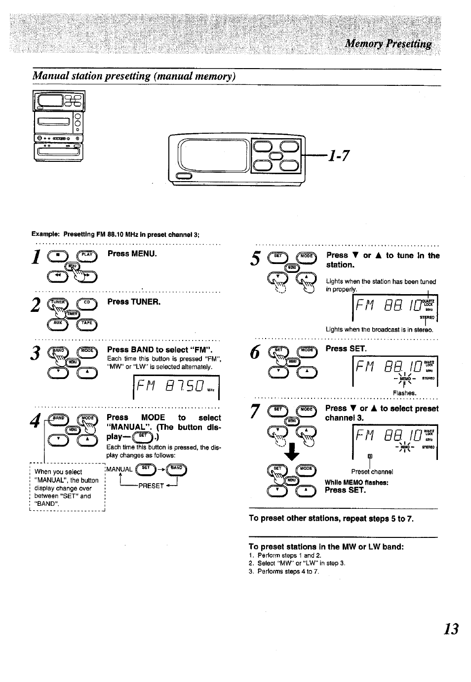 Manual station presetting (manual memory), 1 press menu, Press tuner | Fm b150, Press t or a to tune in the station, Fm bb. ib, M№e^ press set, Fm bb ib, Press t or a to select preset channel 3, To preset other stations, repeat steps 5 to 7 | Panasonic SC-CH150 User Manual | Page 13 / 48