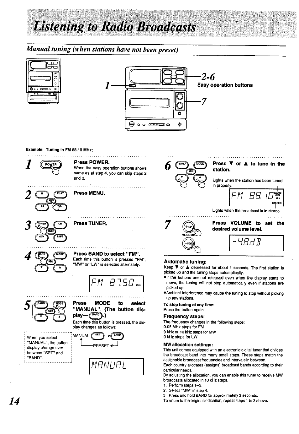 Manual tuning (when stations have not been preset), Press power, Press menu | Press tuner, Bano-4 press ▼ or a to tune in the, Press volume to set the desired volume level, Automatic tuning, Mrnurl 14, Rbdb, Fh bb. i cm | Panasonic SC-CH150 User Manual | Page 14 / 48