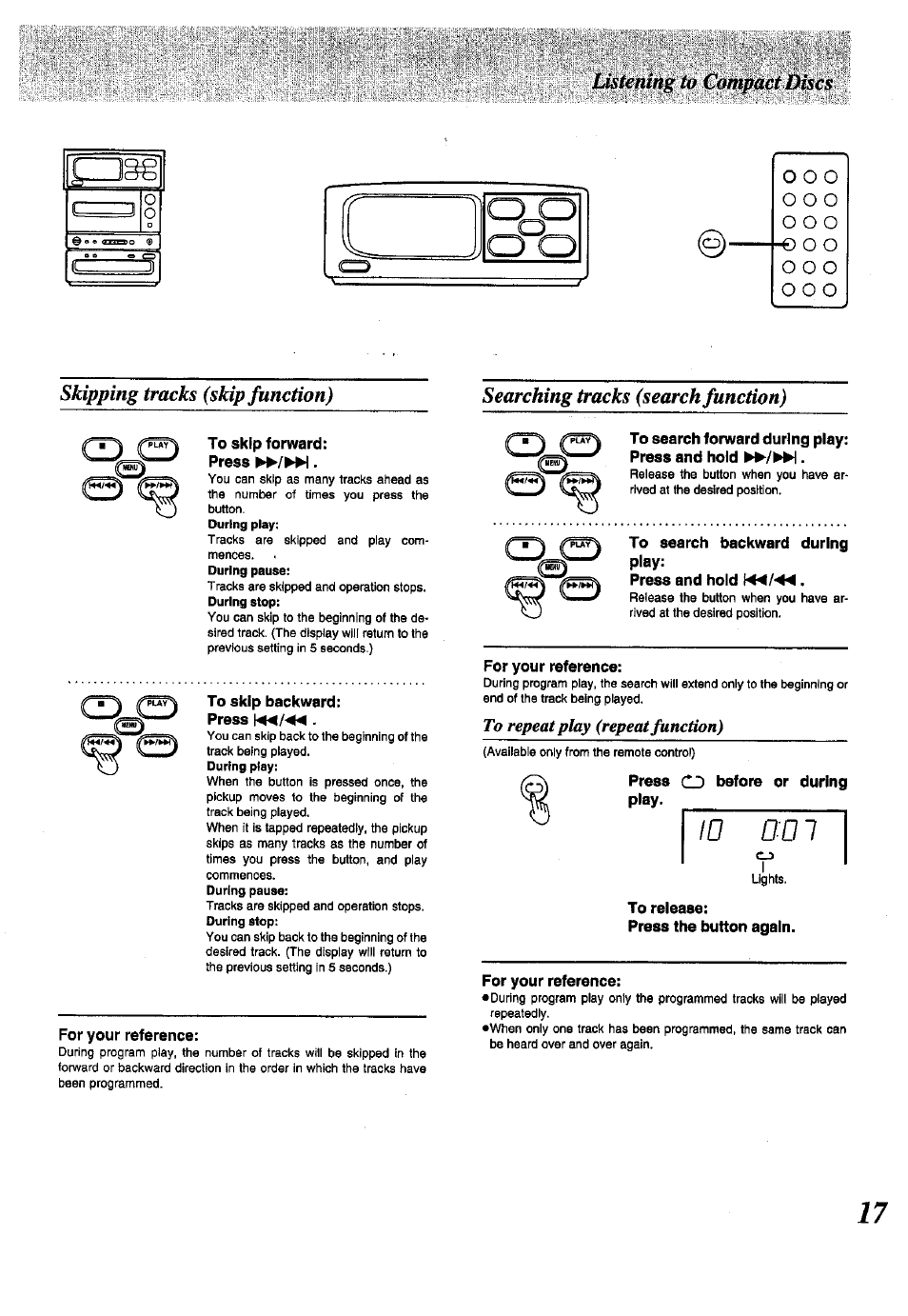 Skipping tracks (skip function), Searching tracks (search function), To skip forward | To skip backward, For your reference, To search backward during play, To release, Czigg | Panasonic SC-CH150 User Manual | Page 17 / 48