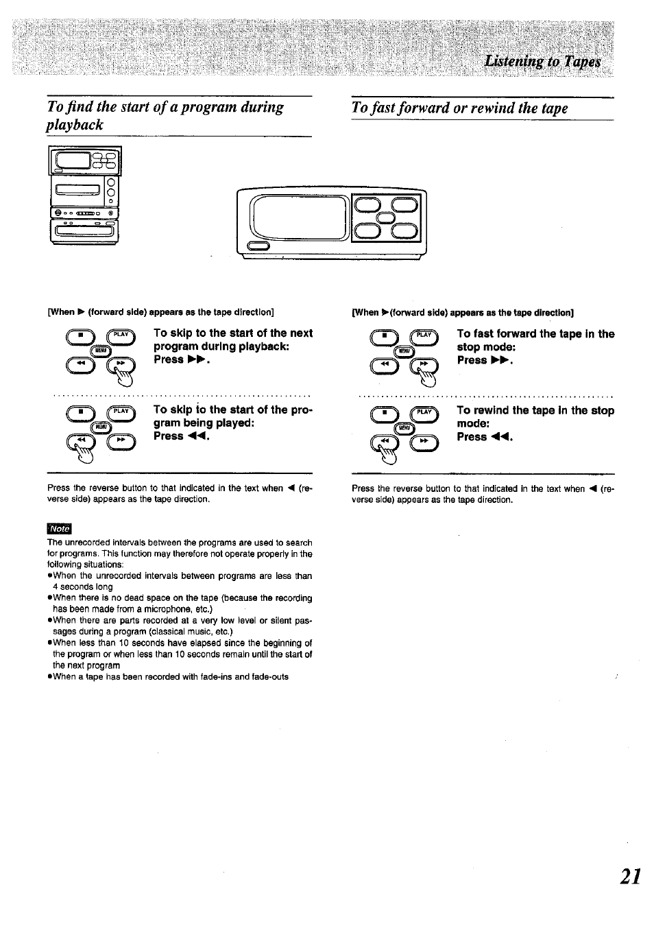 To find the start of a program during playback, To fast forward or rewind the tape, To skip to the start of the program being played | To rewind the tape in the stop mode | Panasonic SC-CH150 User Manual | Page 21 / 48