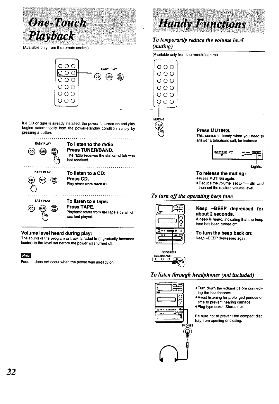 To listeh to a cd; press cd, Volume level heard during play, Press muting | Keep -beep depressed for about 2 seconds, To turn the beep back on | Panasonic SC-CH150 User Manual | Page 22 / 48