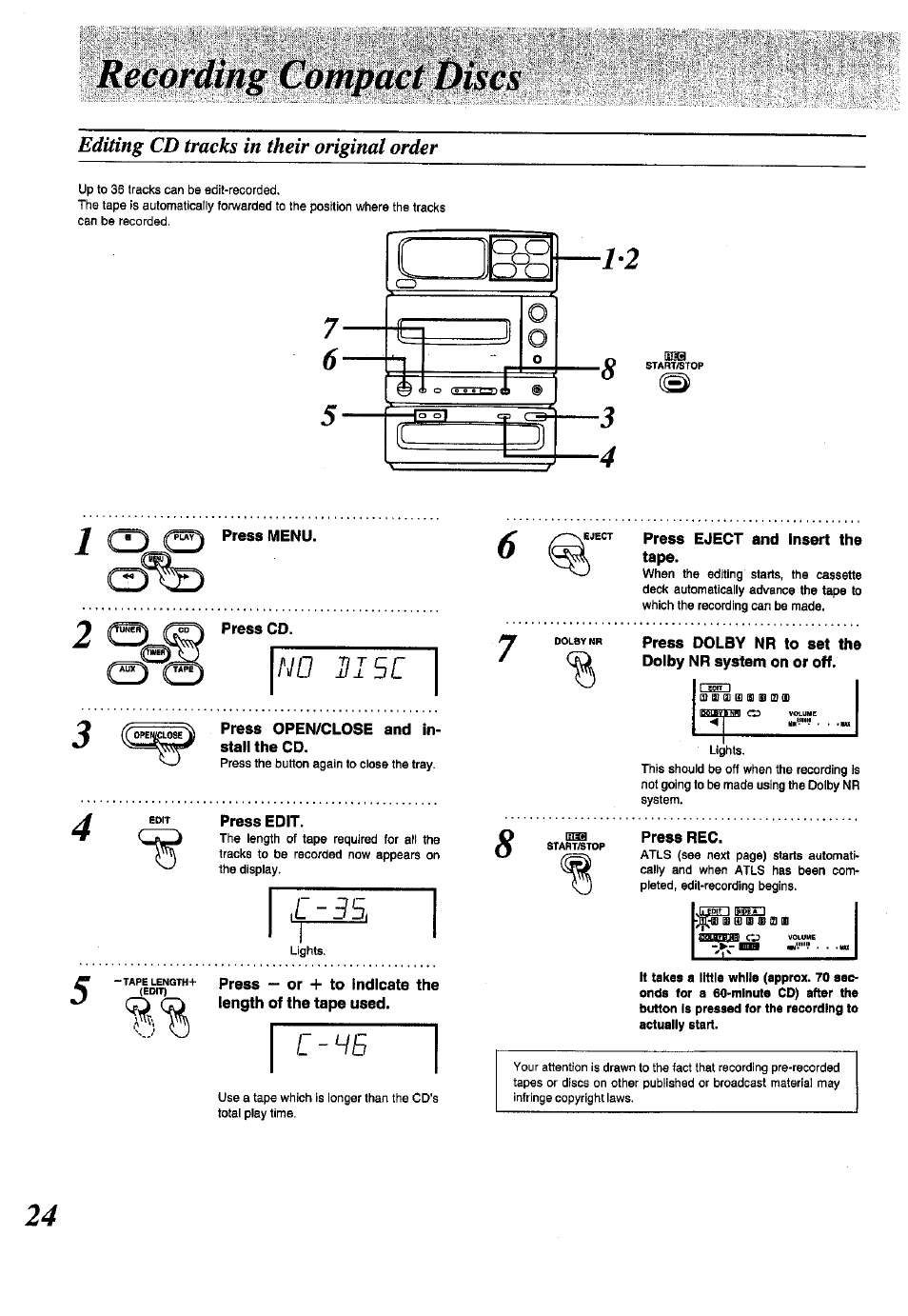 Editing cd tracks in their originai order, Press edit, Press eject and insert the tape | Press rec | Panasonic SC-CH150 User Manual | Page 24 / 48