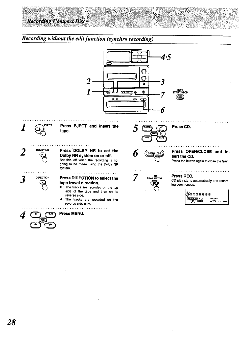 Press eject and insert the tape, Press cd, Press rec | Panasonic SC-CH150 User Manual | Page 28 / 48