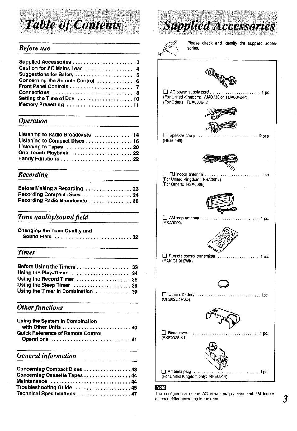 Before use, Operation, Recording | Tone quality/soundfield, Timer, Other functions, General information, Wpiii si|s»i | Panasonic SC-CH150 User Manual | Page 3 / 48