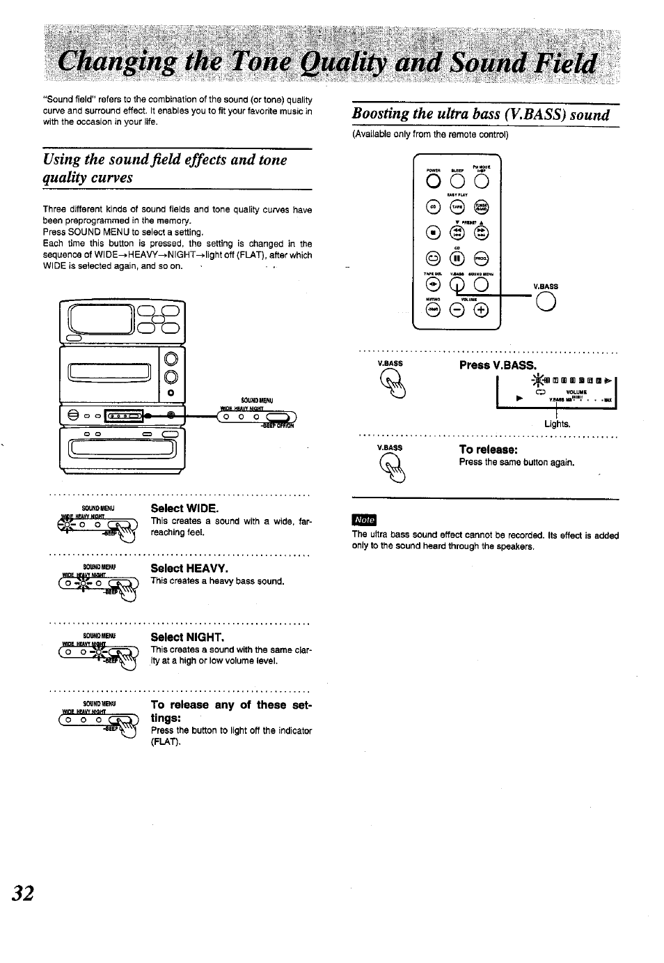 Boosting the ultra bass (v,bass) sound, Select wide, Select heavy | Select night, To release any of these settings | Panasonic SC-CH150 User Manual | Page 32 / 48