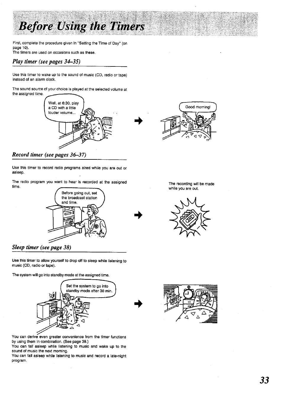 Flay timer (see pages 34-35), Record timer (see pages 36-37), Sleep timer (see page 38) | Panasonic SC-CH150 User Manual | Page 33 / 48