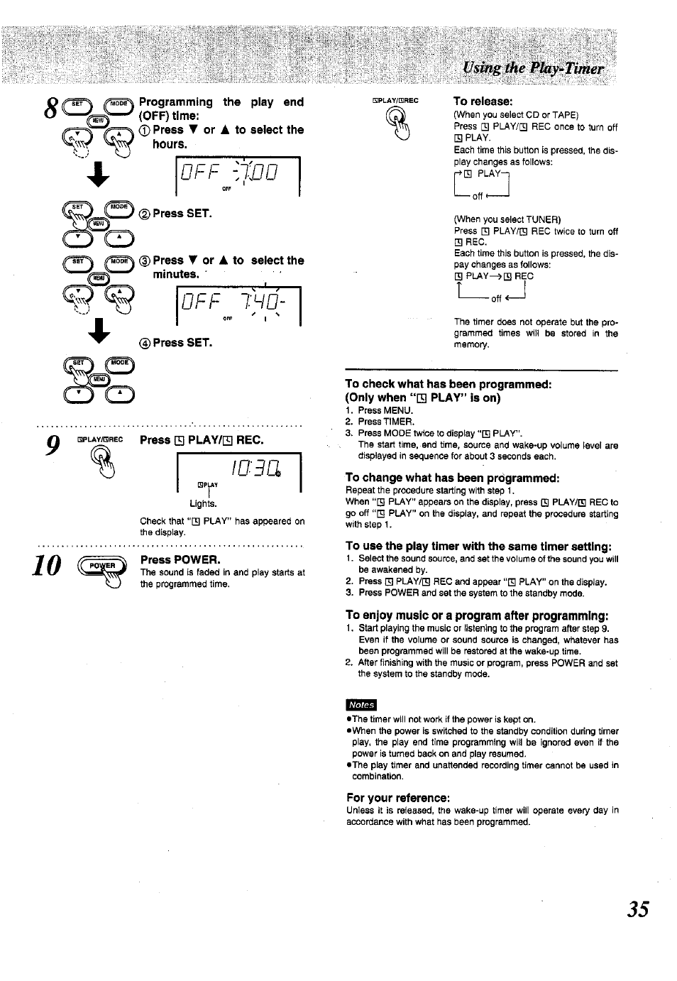 Set \ ^mode^ programming the play end (off) time, Jjjd, Press set | Rwode^ (d press t or a to select the, Off ihd, 0 press set, Spuay/nrec press 0 play/h reg, To release, To check what has been programmed, Looa | Panasonic SC-CH150 User Manual | Page 35 / 48