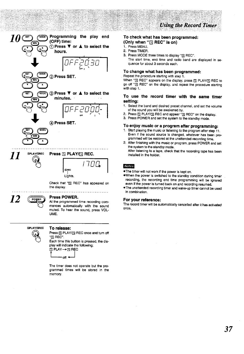 Using the ^€0, 0ffe0:30, Press set | 0 press set, Kplay/eirec pross 0 play/e] rec, 10 cl, Press power, To check what has been programmed, For your reference, Oiplay/qrec to relcase | Panasonic SC-CH150 User Manual | Page 37 / 48